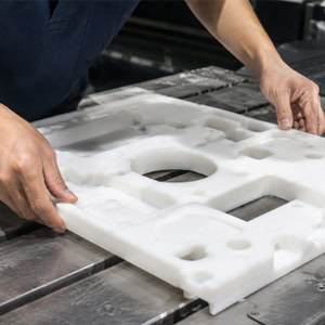 Workers are inspecting plastic sheets that have already been CNC machined.