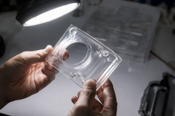 Inspecting clear plastic component under light
