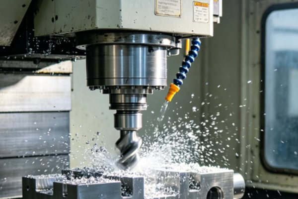 Photos of steel milling operations performed by a vertical machining center.