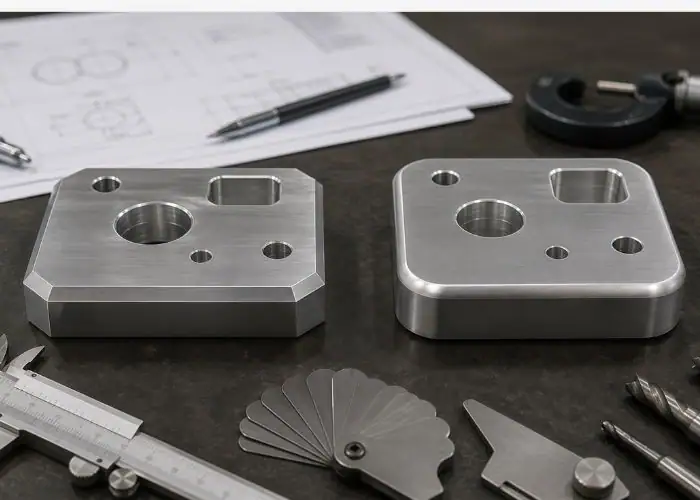 Chamfer vs fillet comparison on stainless steel parts showing angled and rounded edge differences