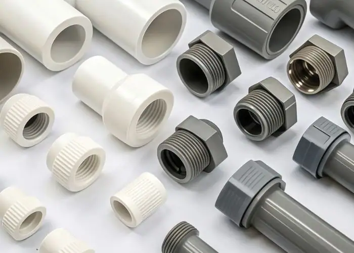 Delrin vs PVC drainage pipe assembly for plastic material comparison and industrial component applications
