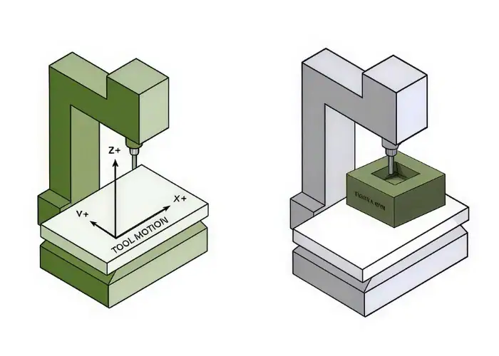 3 Axis CNC Milling X Y Z axis diagram showing tool movement directions for CNC machining