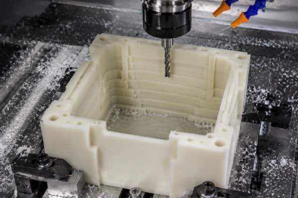 CNC milling in progress with plastic part
