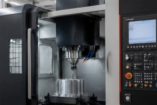 The machine tool spindle performs milling operations on the steel parts.