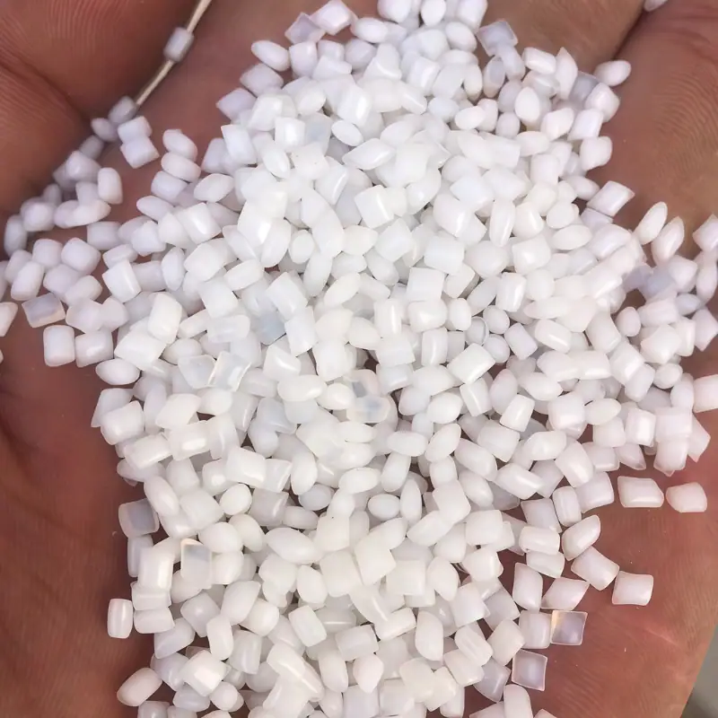 Milky white PBT engineering plastic resin pellets held as a raw material sample for injection molding production.