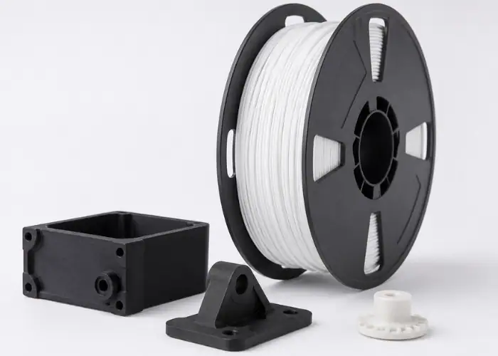White PBT plastic filament spool displayed with black and white engineering plastic housings, brackets, and gear components.