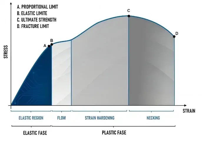 Ultimate tensile strength stress-strain chart explaining yield point, UTS point, necking, and fracture