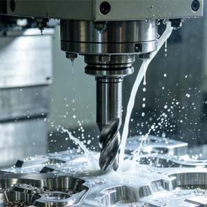 Cenário de usinagem de fresagem de alta velocidade em fresadora CNC.