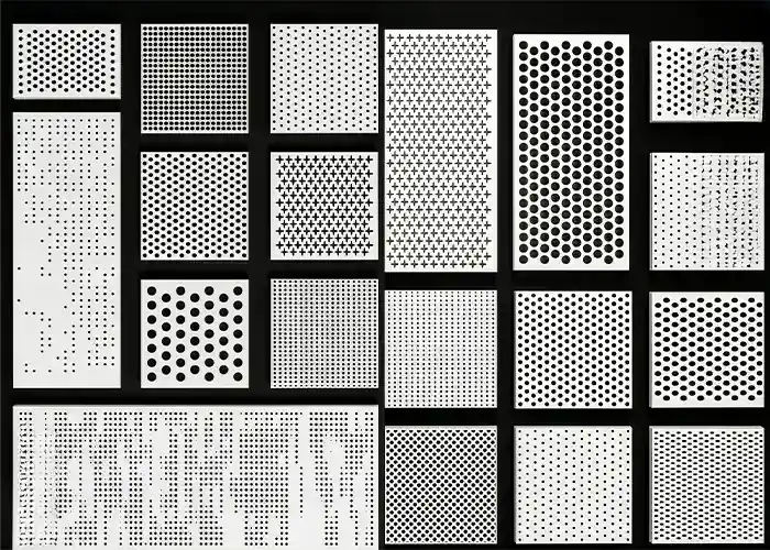 Different perforated aluminium sheet patterns with round and decorative holes