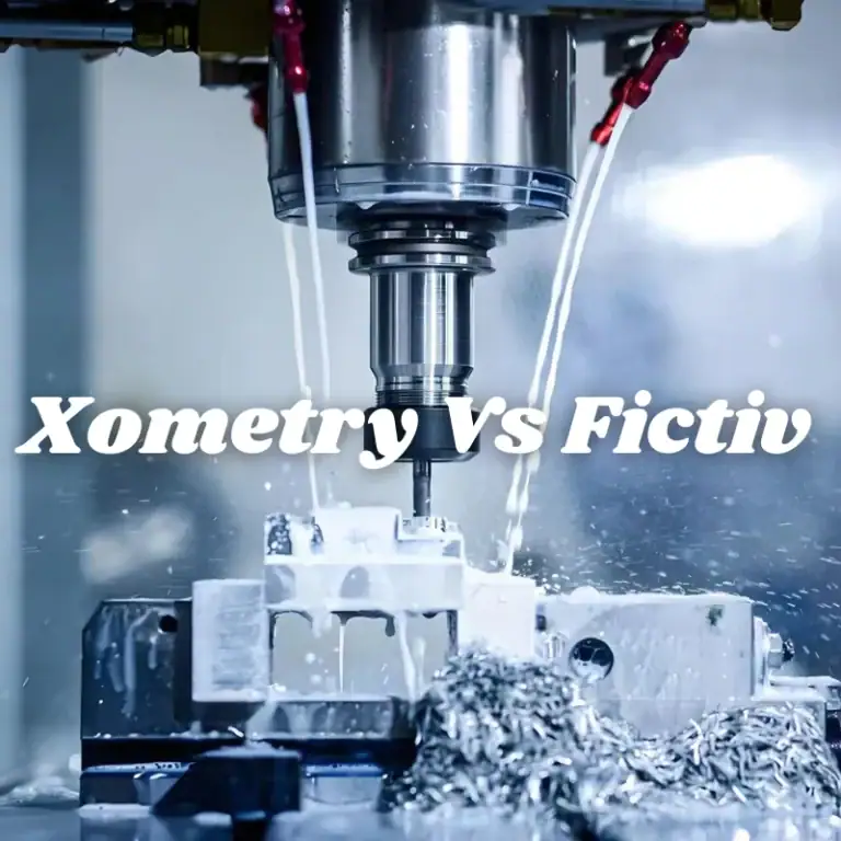 Xometry vs Fictiv comparison cover featuring a CNC milling machine machining a metal component