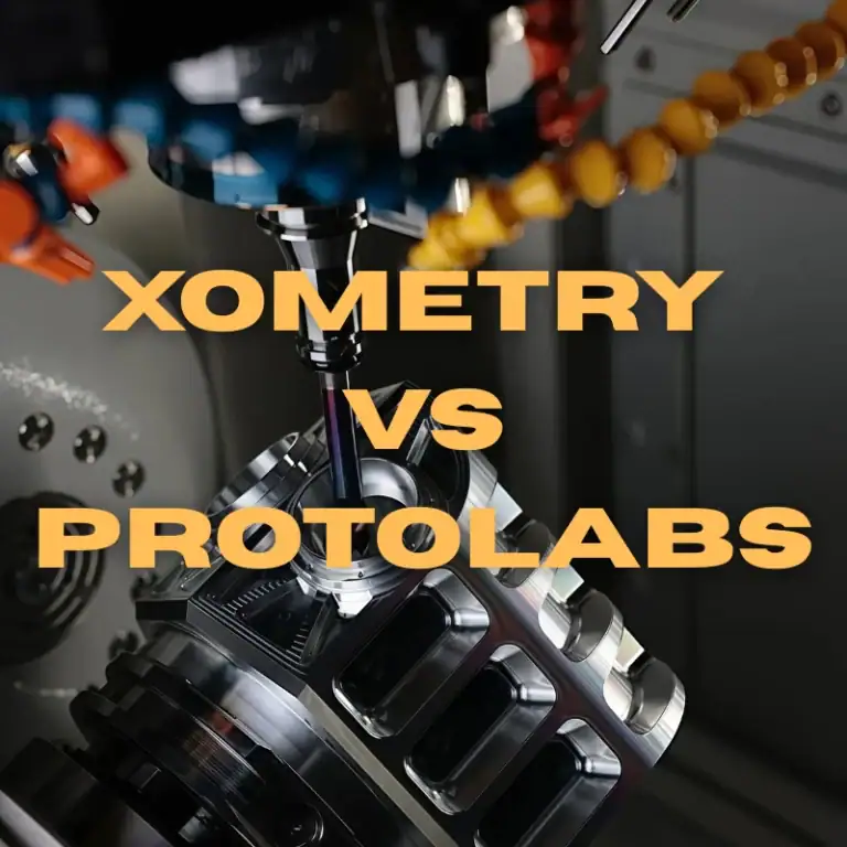 Xometry vs Protolabs comparison cover with CNC machining background