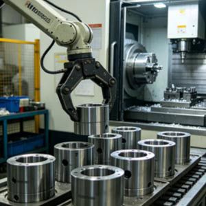 Automated batch turning of heavy machinery hardware parts.