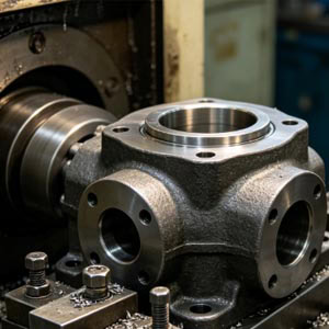 Close-up of CNC lathe machining.