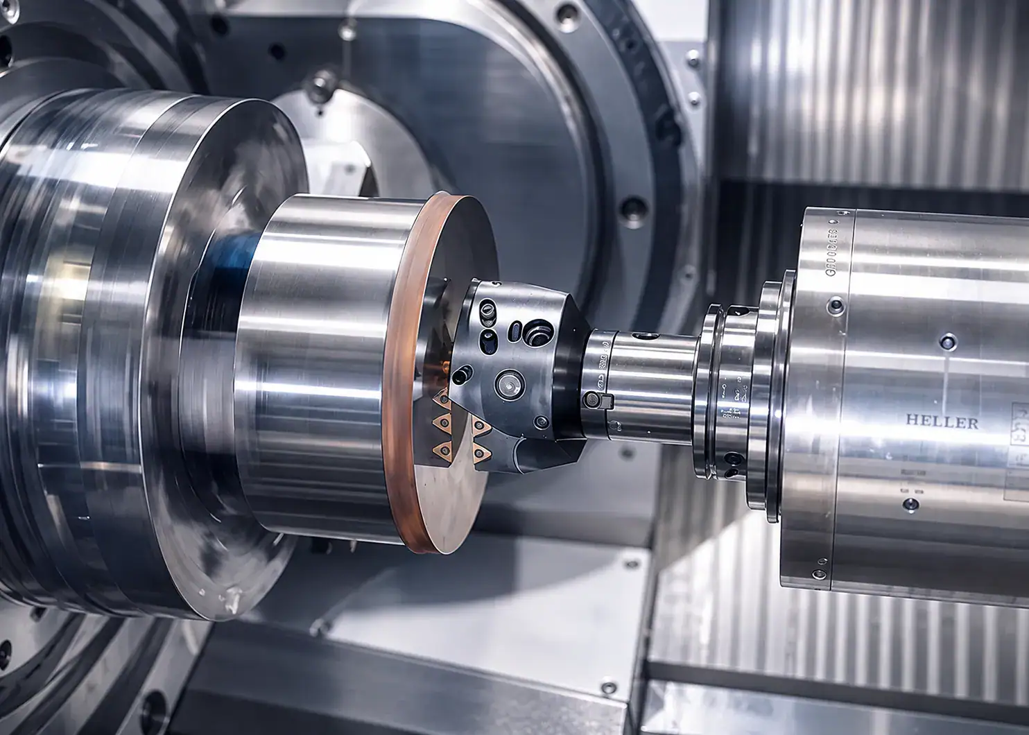 Horizontal CNC milling machine cutting a large cylindrical metal workpiece