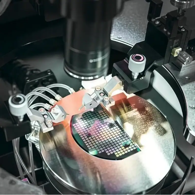 The equipment is performing precision processing on silicon wafers for semiconductor manufacturing