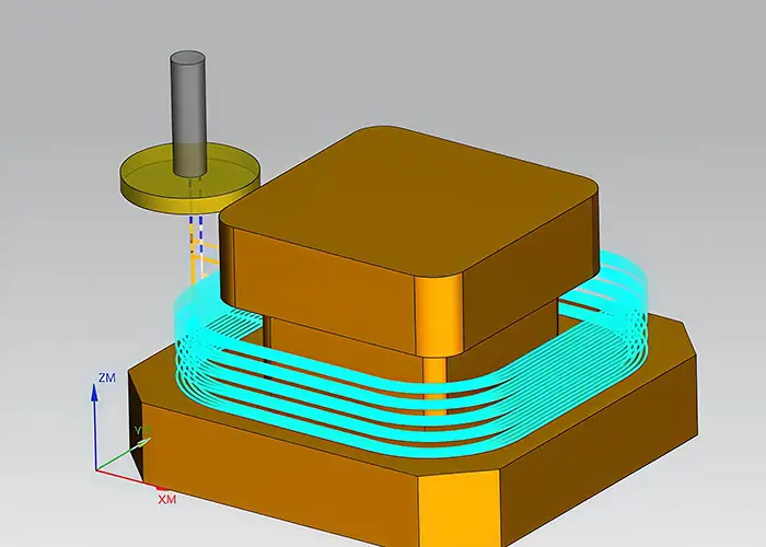 CNC undercut machining toolpath around a recessed part feature