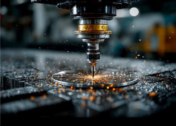 CNC precision cutting process machining a metal component under automated machine control