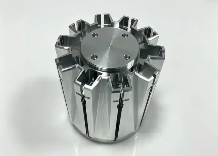 Complex CNC machined metal component with precision slots, holes, and detailed machined surfaces