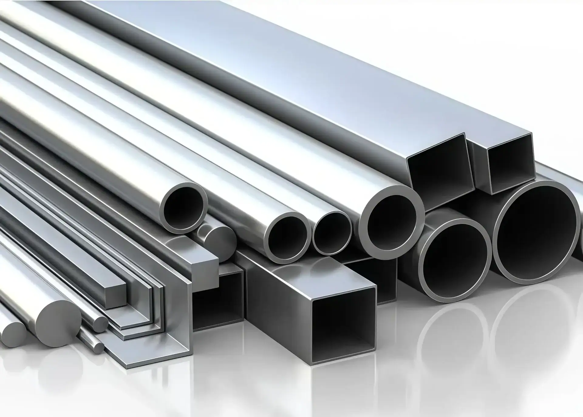 Metal bars, tubes, channels, and structural profiles used to compare stiffness and strength in engineering design