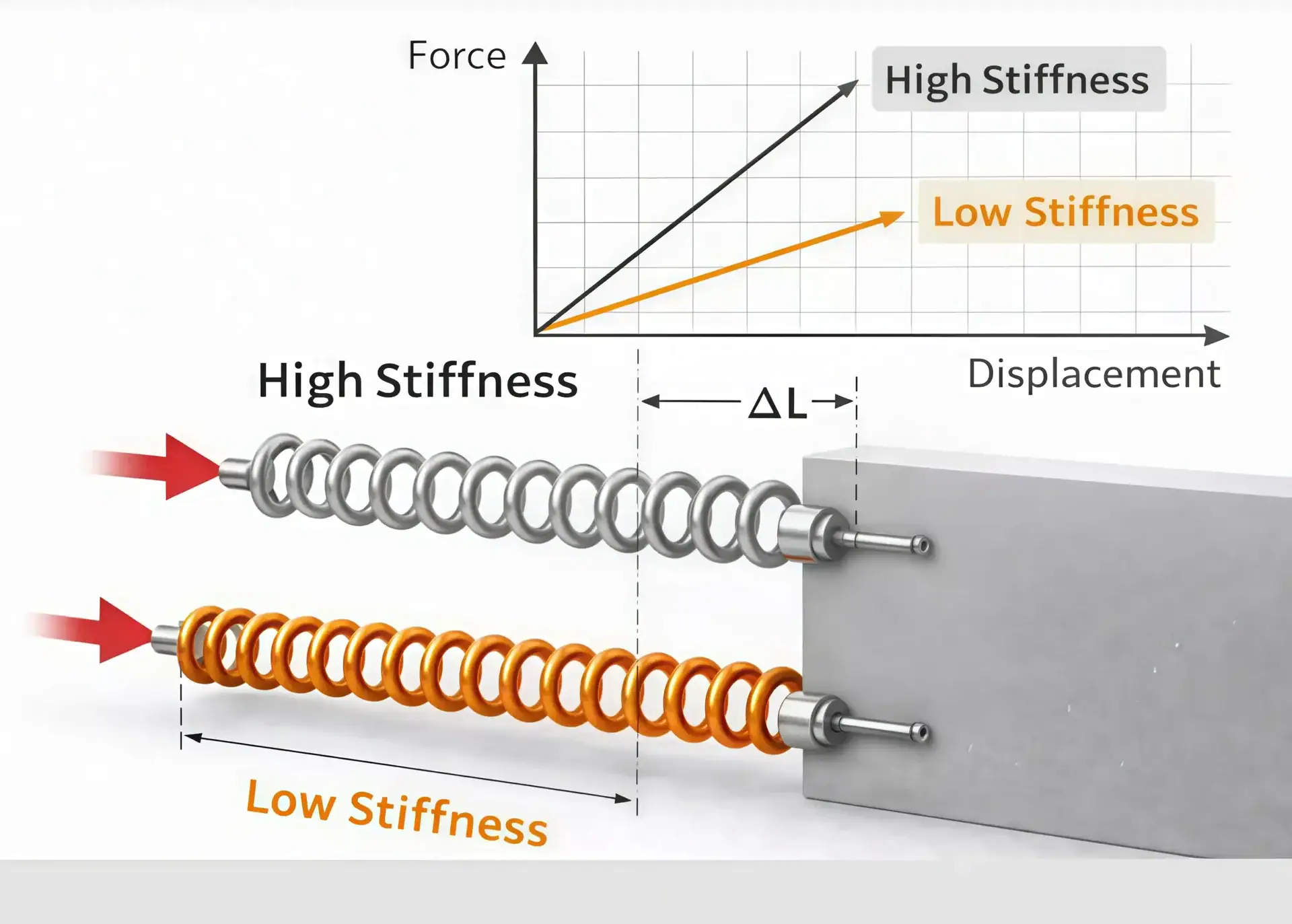 High and low stiffness comparison showing how different materials or structures deform under applied force