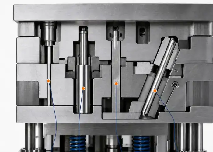 Injection mold ejector system showing ejector pins, core components, and mold ejection mechanisms