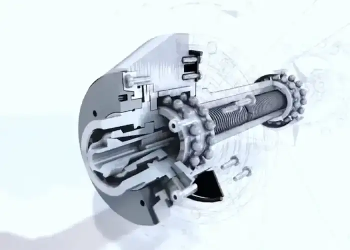 Cutaway view of main spindle internal structure showing shaft, bearings, and drive components