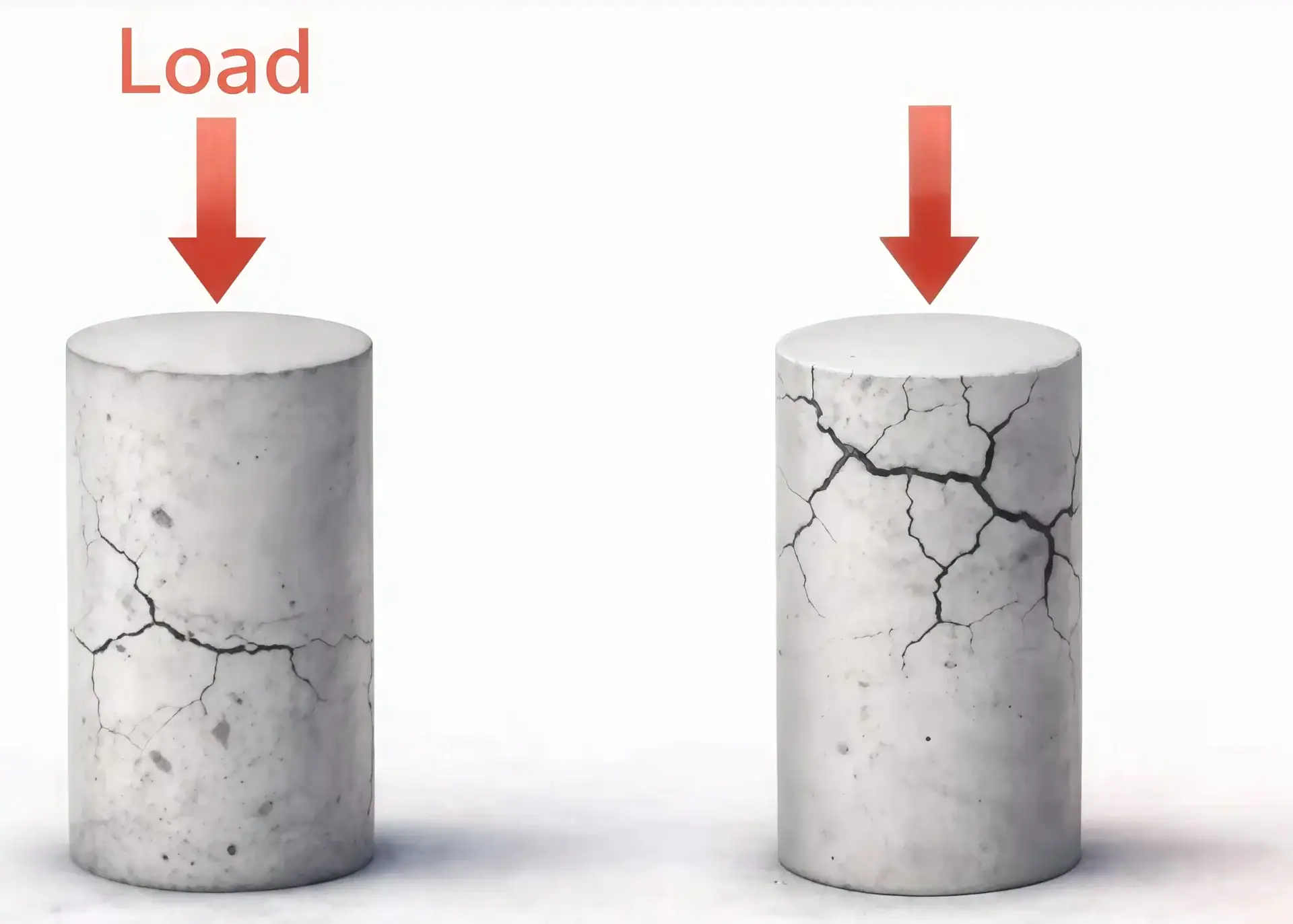 Material strength under compressive load showing cracking, deformation, and failure as applied load increases
