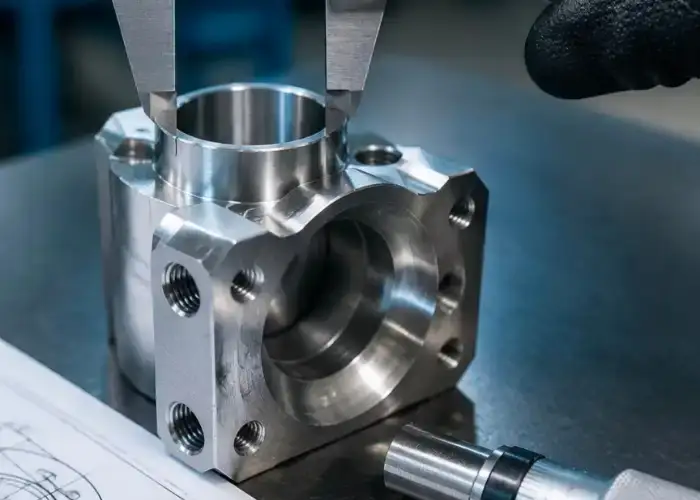 Precision CNC part being measured to verify machined dimensions and quality requirements