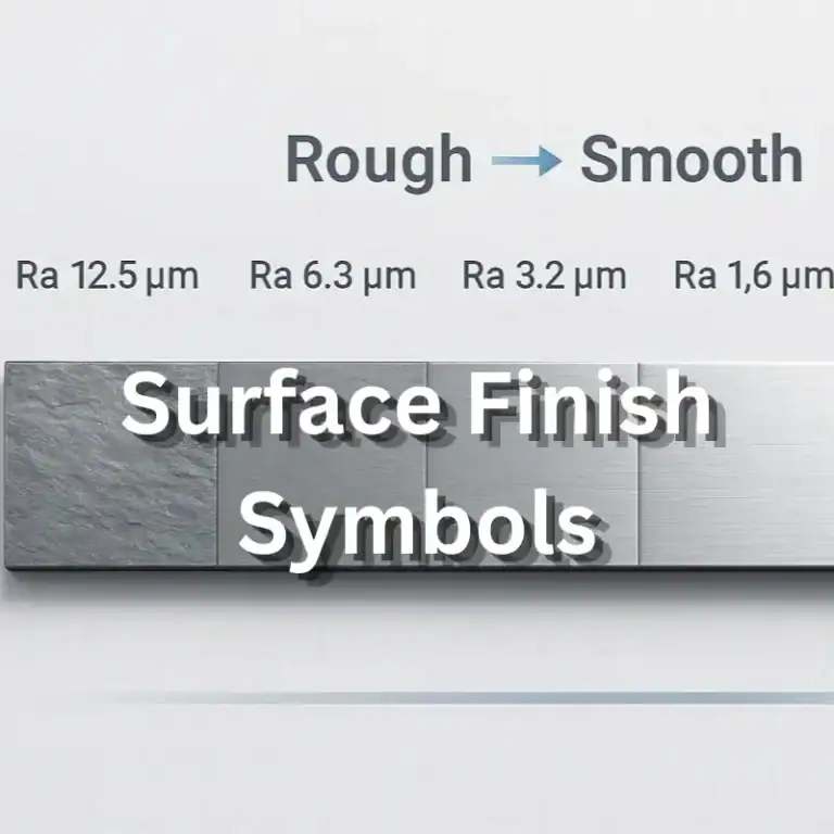 Surface finish symbols guide showing Ra roughness levels from rough to smooth for CNC engineering drawings