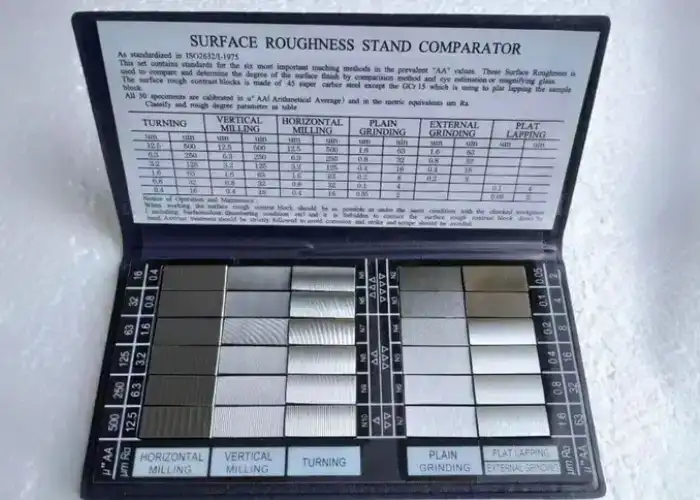 Surface roughness comparator showing reference finishes for milling, turning, grinding, and lapping