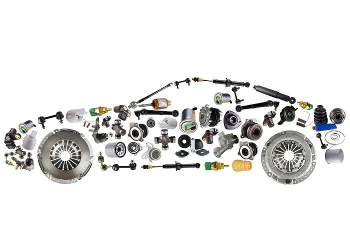 Schematic layout of automotive mechanical spare parts and car assembly