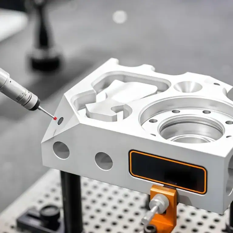 Coordinate measuring machine inspecting anodized 6061 aluminum CNC machined component