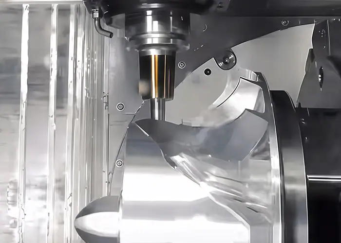 CNC milling tool machining a curved impeller blade surface inside a machining center