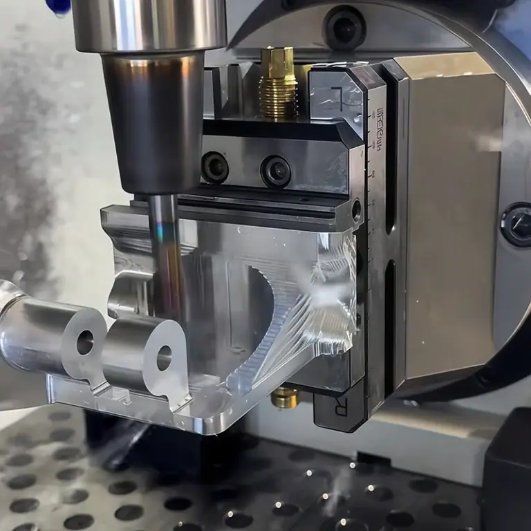 CNC milling a complex metal component held in a machining fixture