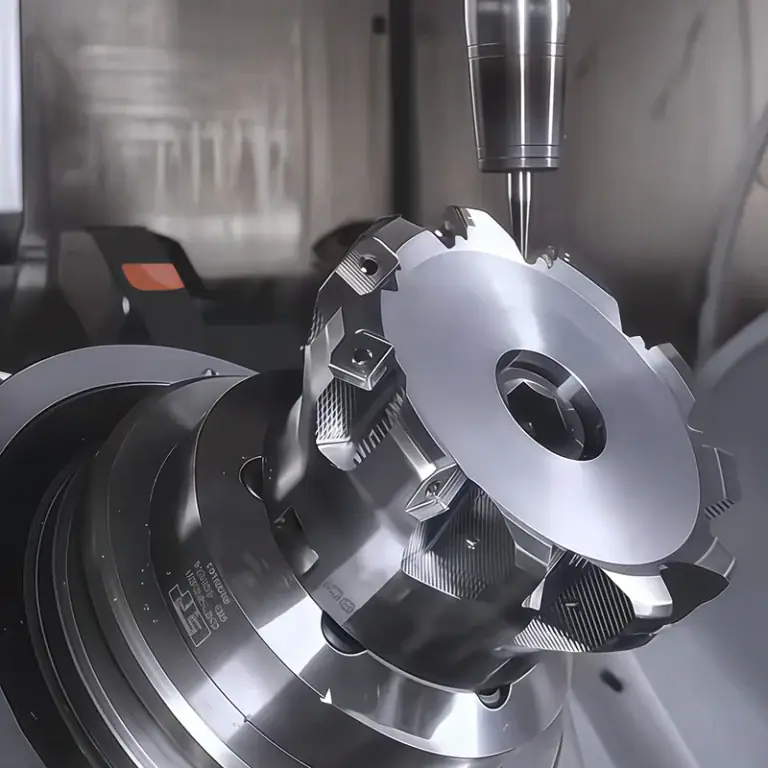 CNC cutter machining the outer profile of a tilted metal component on a rotary fixture