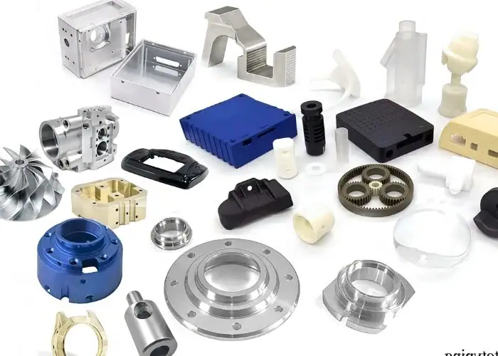 Display of 5-axis machined components finished with aluminum anodizing surface treatment