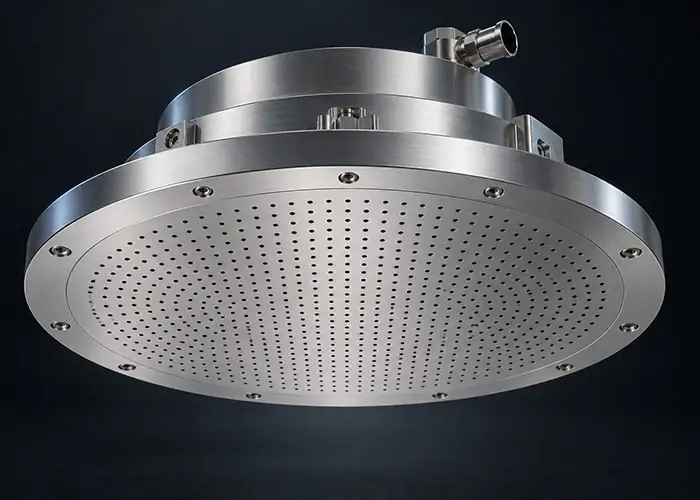 Illustration of a semiconductor shower head assembly with a perforated faceplate and gas inlet