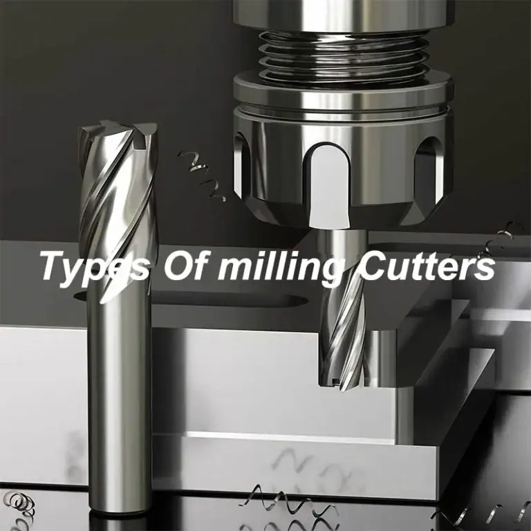End mills beside a CNC milling setup with the text Types Of Milling Cutters